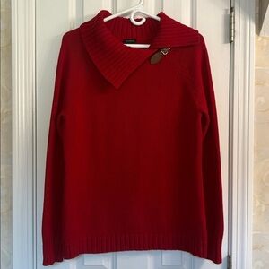 Talbots Red Cotton Blend Sweater with Unique Collar & Faux Leather Buckle. EUC